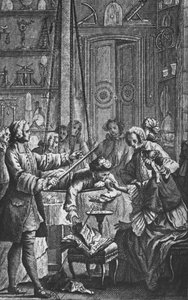 Electrical experiment made on a man by Abbe Jean Antoine Nollet in a physicist cabinet, frontispiece illustration from 